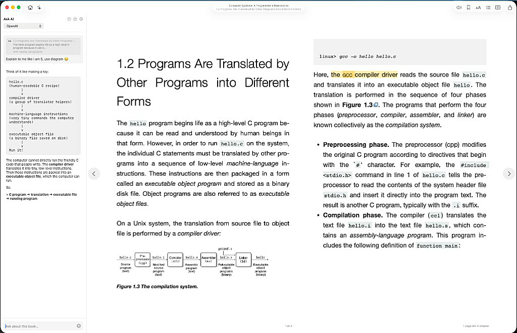 Ask AI sidebar explaining a passage from Computer Systems: A Programmer's Perspective