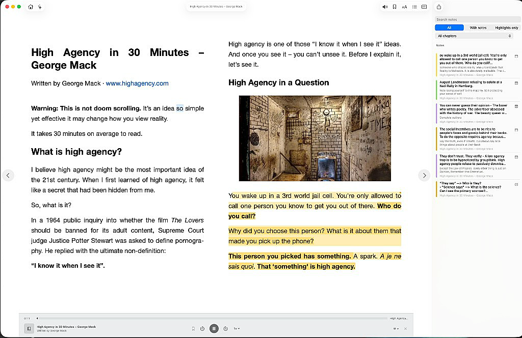 Read-aloud player at the bottom of the reading view