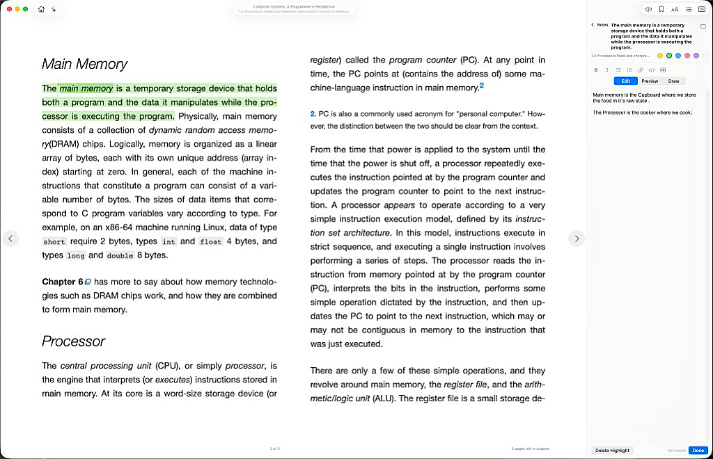 Notes sidebar with a highlight and markdown editor