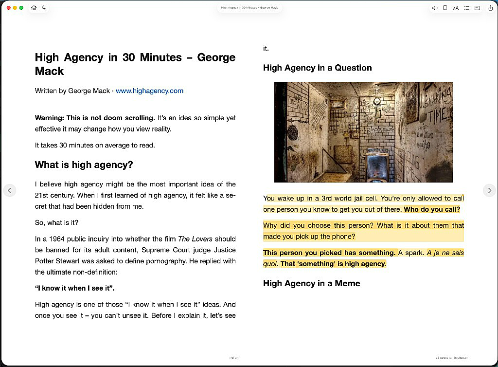 Kodi Reader showing a two-page spread of High Agency in 30 Minutes by George Mack